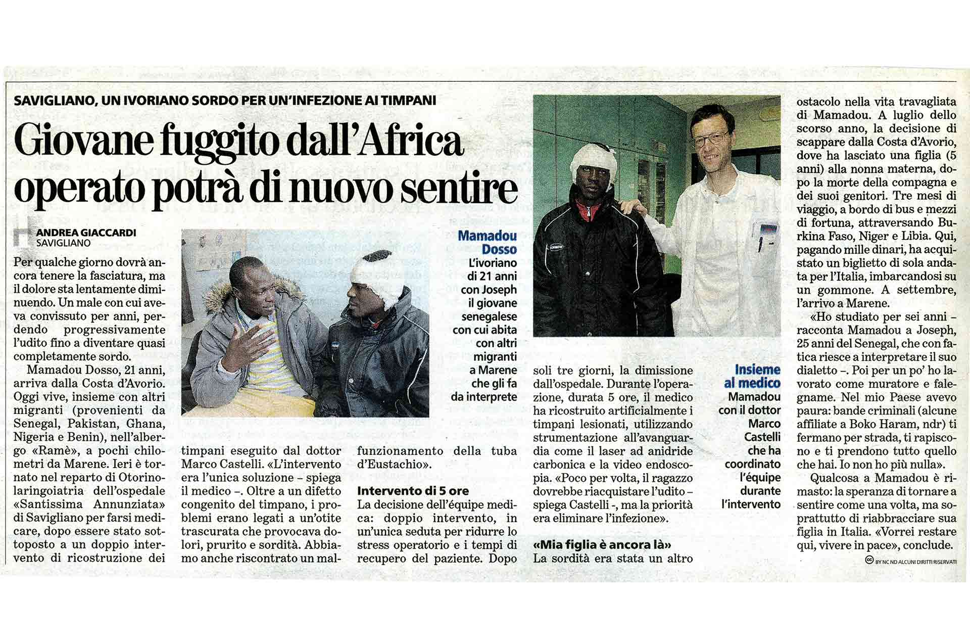 Immagine dell'articolo Giovane fuggito dall’Africa operato potra` di nuovo sentire